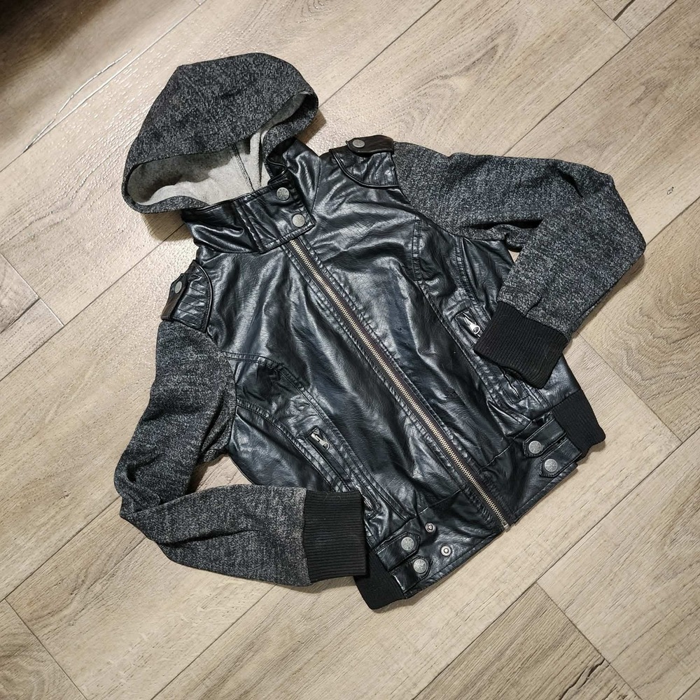 Miss London Womens Faux Leather Moto Jacket Gray Knit Sleeves Hooded Black Small
